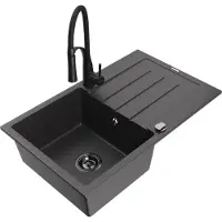 Mexen Bruno granieten gootsteen 1-komparts met afdruiprek en keukenkraan Aster, zwart gespikkeld - 6513-76-73450-70-B