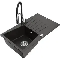 Mexen Cesar granieten enkele spoelbak met afdruiprek en keukenkraan Aster, zwart/gouden metallic - 6514-75-73450-07