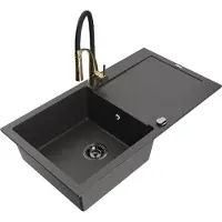 Mexen Leo granieten gootsteen 1-kamer met afdruipplaat en keukenmengkraan Aster, zwart gespikkeld - 6501-76-73450-57-B