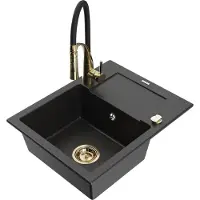 Mexen Enzo granieten gootsteen 1-bak met afdruiprek en keukenmengkraan Aster, zwart/zilver metallic - 6506-73-73450-57-G