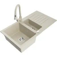 Mexen Matias granieten gootsteen 1,5-komor met afdruiprek en keukenmengkraan Elia, beige - 6502-69-670101-69