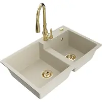 Mexen Tomas granieten spoelbak met 2 compartimenten en keukenkraan Savita, beige - 6516-69-672601-50