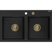 Mexen Hektor granieten gootsteen 2-kamerig 800 x 480 , zwart, gouden sifon - 6521802000-77-G