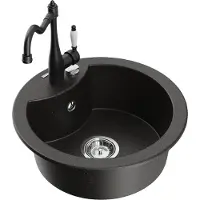 Mexen Diego granieten spoelbak 1-komor met keukenkraan Carla, zwart/goud metallic - 6512-75-670700-70