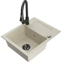 Mexen Enzo granieten gootsteen 1-komorig met druiprek en keukenmengkraan Elia, beige - 6506-69-670101-70