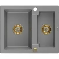 Mexen Carlos granieten spoelbak 1,5-kamer 582 x 475 , grijs, gouden sifon - 6518581500-71-G