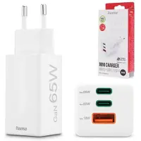 Hama Lader - netadapter - 00125142 - Snellader GaN, 2 USB-C PD, 1 USB-A QC, Mini-lader, 65W, Wit