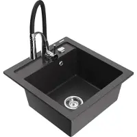 Mexen Vito granieten spoelbak met 1 bak en Aster keukenkraan, zwart gespikkeld - 6503-76-73450-07