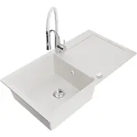 Mexen Leo granieten gootsteen 1-kompartment met afdruiprek en keukenmengkraan Aster, wit - 6501-20-73450-02