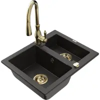 Mexen Carlos granieten spoelbak 1,5-komors met keukenmengkraan Savita, zwart/goud metallic - 6518-75-672601-50