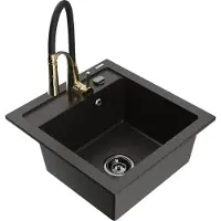 Mexen Vito granieten spoelbak met 1 kom en keukenmengkraan Aster, zwart/goud metallic- 6503-75-73450-57-B