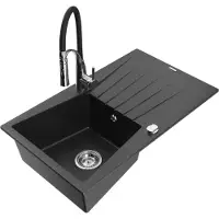 Mexen Cesar granieten gootsteen 1-komor met afdruiprek en keukenmengkraan Aster, zwart/zilveren metallic - 6514-73-73450-07