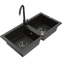 Mexen Mario granieten gootsteen 2-kamer met keukenkraan Telma, zwart/goud - 6504-75-670200-70-B