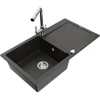 Mexen Leo granieten gootsteen met 1 bak, afdruiprek en Duero keukenmengkraan, zwart/goud metallic - 6501-75-671600-00