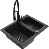 Mexen Carlos granieten gootsteen 1,5-komorige met keukenkraan Aster, zwart/zilver metallic - 6518-73-73450-70-B