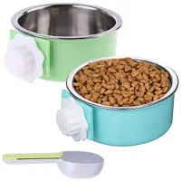 Semoic 2-delige hondenbak, verwijderbare roestvrijstalen hondenkennel, hangende voerbak, voerbak, kooi, hokbeker met lepel
