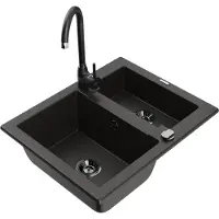 Mexen Carlos granieten spoelbak 1,5-komorige met keukenkraan Telma, zwart/goud metallic - 6518-75-670200-70-B