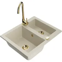 Mexen Carlos granieten gootsteen 1,5-kamer met Telma keukenkraan, beige - 6518-69-670200-50