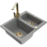 Mexen Carlos granieten spoelbak 1,5-kamer met keukenmengkraan Rita, grijs - 6518-71-670300-50