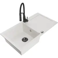 Mexen Leo granieten spoelbak 1-koer met afdruiprek en keukenmengkraan Aster, wit - 6501-20-73450-70-B