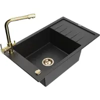 Mexen Elias granieten gootsteen 1-komerig met afdruiprek en keukenkraan Duero, zwart/zilver metallic - 6511-73-671600-50