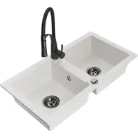 Mexen Mario granieten gootsteen met 2 kamers en keukenmengkraan Aster, wit - 6504-20-73450-70-B