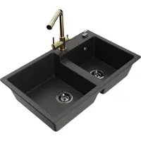 Mexen Tomas granieten gootsteen 2-komoren met keukenkraan Duero, zwart/gouden metallic - 6516-75-671600-50-B