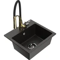 Mexen Milo granieten gootsteen met 1 compartiment en keukenmengkraan Aster, zwart/gouden metallic - 6505-75-73450-57-B