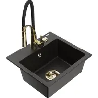 Mexen Milo granieten spoelbak met 1 bak en keukenmengkraan Aster, zwart/goud metallic - 6505-75-73450-57-G