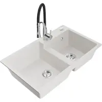 Mexen Tomas granieten spoelbak 2-kamer met keukenmengkraan Aster, wit - 6516-20-73450-07