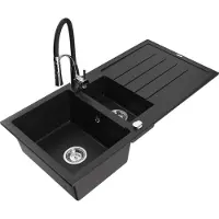 Mexen Andres granieten spoelbak 1,5-kamer met afdruiprek en keukenkraan Aster, zwart - 6515-77-73450-07