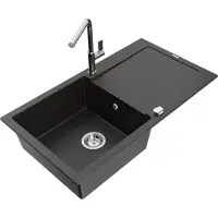 Mexen Leo granieten spoelbak 1-komerig met afdruiprek en keukenkraan Flora, zwart/goud metallic - 6501-75-670401-00