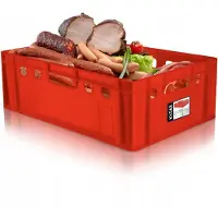 Kadax Vleesdoos van kunststof HDPE, slagerskist, 60 x 40 cm, E2 vleeskist met comfortabele handgrepen, kisten, eurobox, opslagkist, vleeskist, transportbox (40 liter, rood)