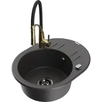 Mexen Kevin granieten keukenafvoer 1-baks met druiprek en keukenmengkraan Aster, zwart gespikkeld - 6517-76-73450-57-B