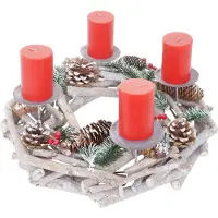 MCW Adventskrans rond, kerstdecoratie tafelkrans, hout Ø 35cm wit-grijs ~ met kaarsen, rood