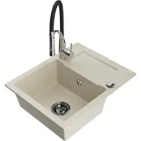 Mexen Enzo granieten spoelbak met 1 bak, afdruiprek en keukenmengkraan Aster, beige - 6506-69-73450-07-B