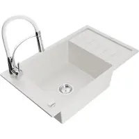 Mexen Elias granieten spoelbak 1-kompartment met afdruiprek en keukenmengkraan Aster, wit - 6511-20-73450-02