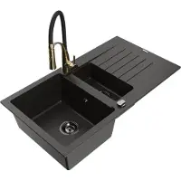Mexen Matias granieten spoelbak 1,5-kamer met afdruiprek en keukenkraan Aster, zwart/goud metallic - 6502-75-73450-57-B