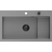 Mexen Omar granieten gootsteen 1-kompartment 800 x 480 , grijs, zwarte sifon - 6520801005-71-B