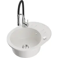 Mexen Kevin granieten spoelbak met 1 bak, afdruiprek en keukenmengkraan Aster, wit - 6517-20-73450-07