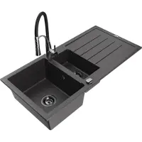 Mexen Andres granieten gootsteen 1,5-kamer met afdruiprek en keukenmengkraan Aster, zwart gespikkeld - 6515-76-73450-07-B