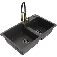 Mexen Tomas granieten gootsteen 2-kamer met keukenmengkraan Aster, zwart gespikkeld - 6516-76-73450-57-B