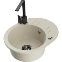 Mexen Kevin granieten gootsteen 1-komerig met afdruiprek en keukenkraan Rita, beige - 6517-69-670300-70