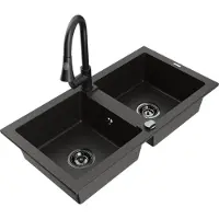 Mexen Mario granieten spoelbak 2-kamer met keukenkraan Elia, zwart/gouden metallic - 6504-75-670101-70-B