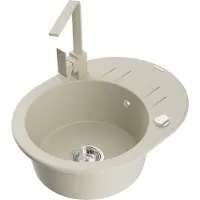 Mexen Kevin granieten gootsteen 1-komorige met afdruiprek en keukenkraan Rita, beige - 6517-69-670300-69