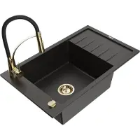 Mexen Elias granieten spoelbak 1-koer met afdruiprek en keukenmengkraan Aster, zwart/goud metallic - 6511-75-73450-57-G