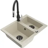 Mexen Carlos granieten gootsteen 1,5-kamer met keukenkraan Savita, beige - 6518-69-672601-70