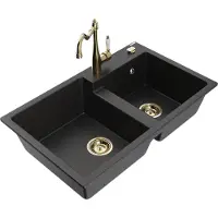 Mexen Tomas granieten gootsteen 2-kamer met keukenmengkraan Carla, zwart/zilver metallic - 6516-73-670700-50