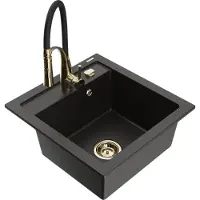 Mexen Vito granieten spoelbak met 1 bak en Aster keukenmengkraan, zwart/gouden metallic- 6503-75-73450-57-G