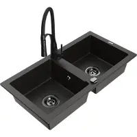 Mexen Mario granieten gootsteen 2-kamer met keuken kraan Aster, zwart/goud metallic - 6504-75-73450-70-B